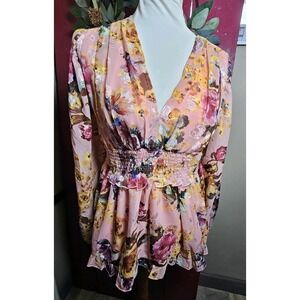 NEW UMGEE pink floral romantic flowy vneck top with long sleeves Size L